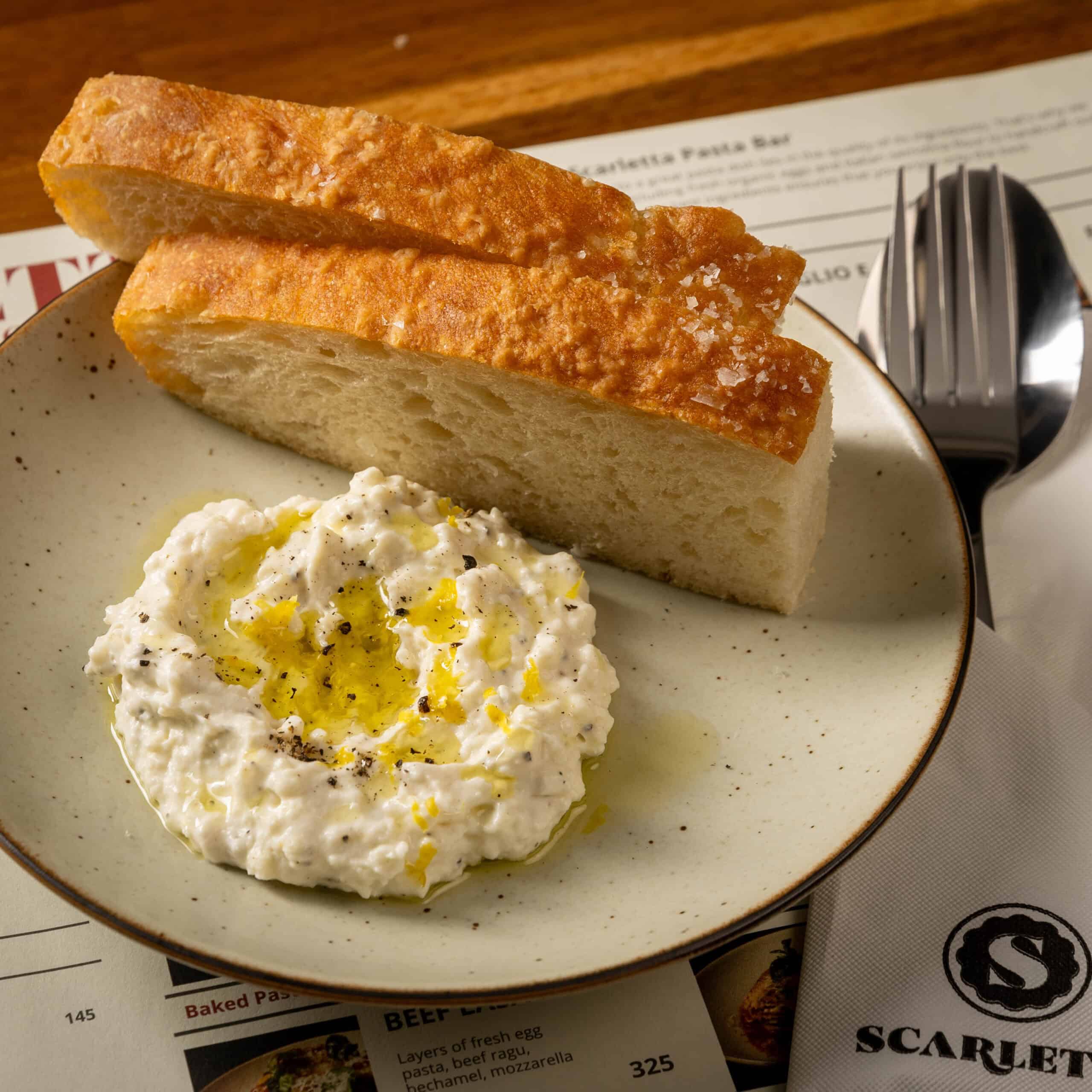 whipped ricotta focaccia at scarletta pasta bar thailand